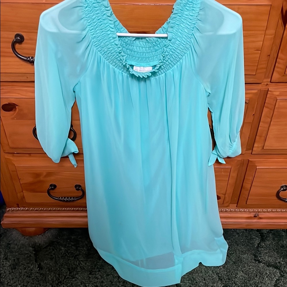New York & Company Blue Blouse with Smocked Neckline and Three-Quarter Sleeves